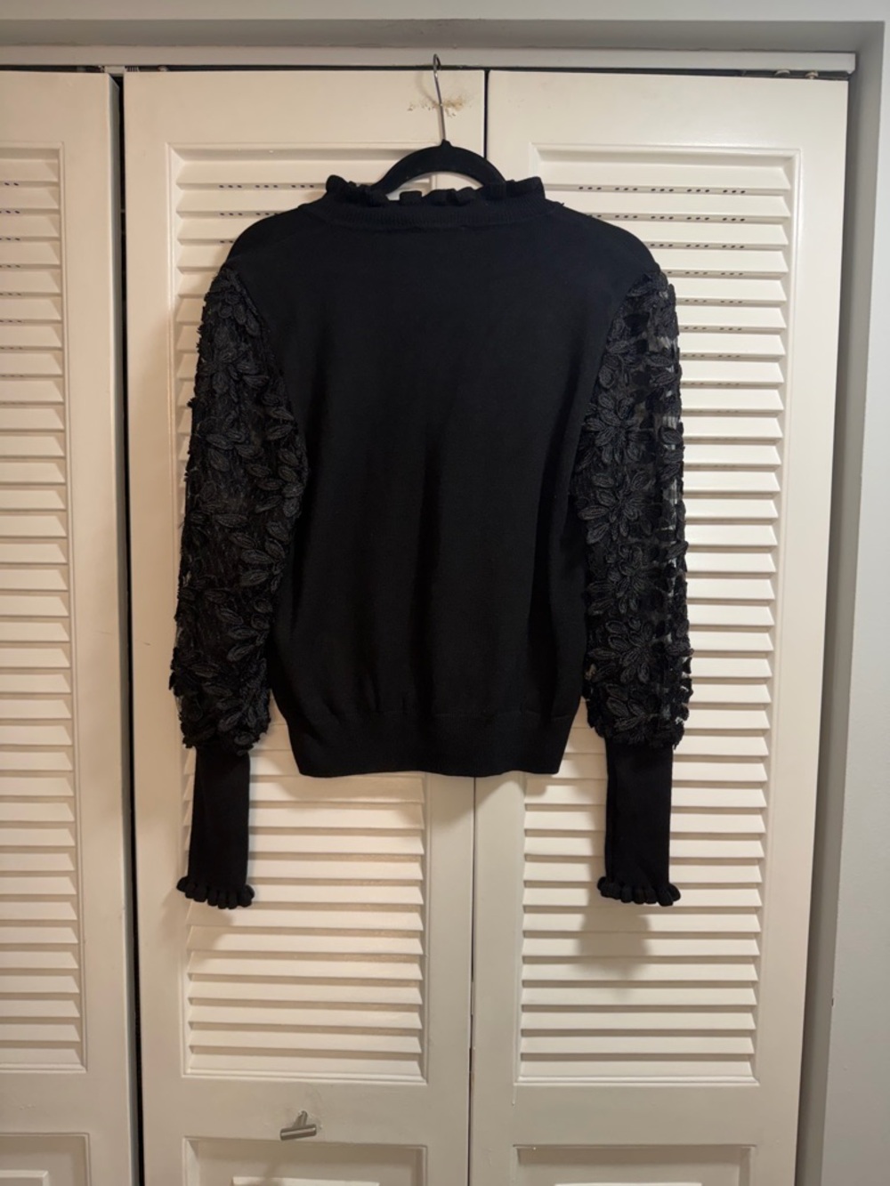 Gracia Black Crew Neck Sweater with Floral Lace Sleeves